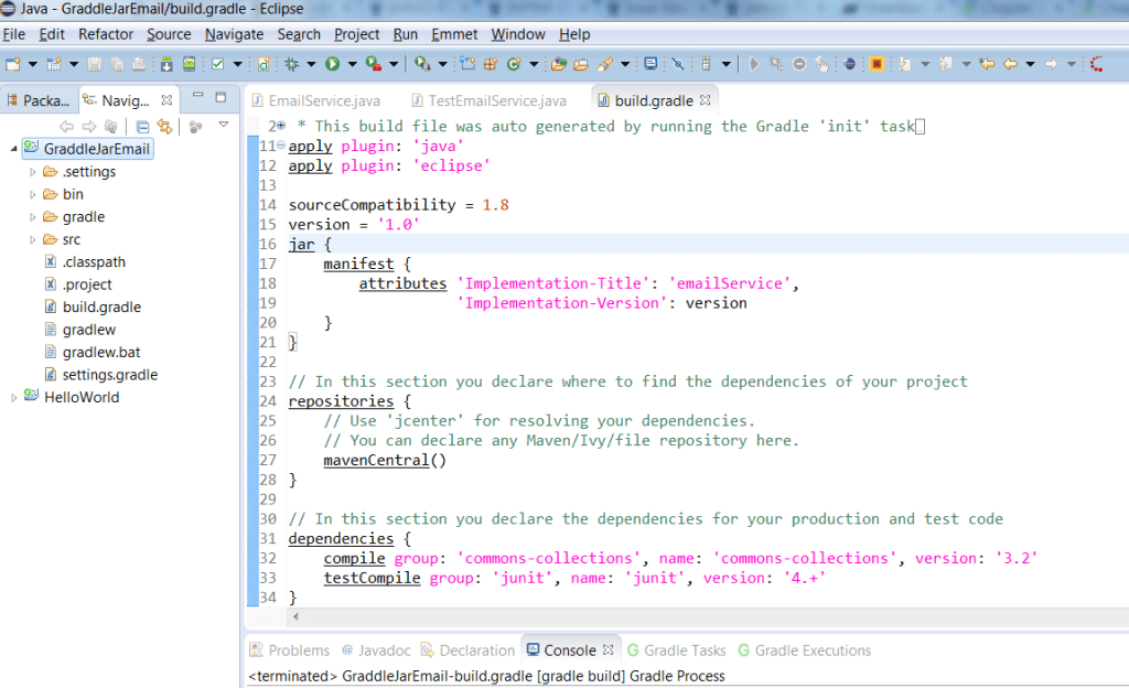 Gradle to create jar file using eclipse Dev JAVA Source