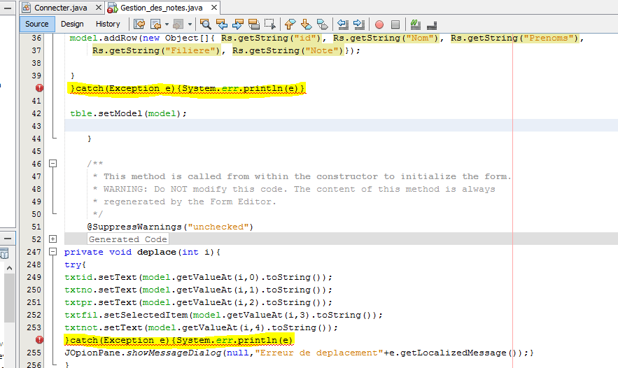 catch (Exception e) {System.err.println (e)} Java