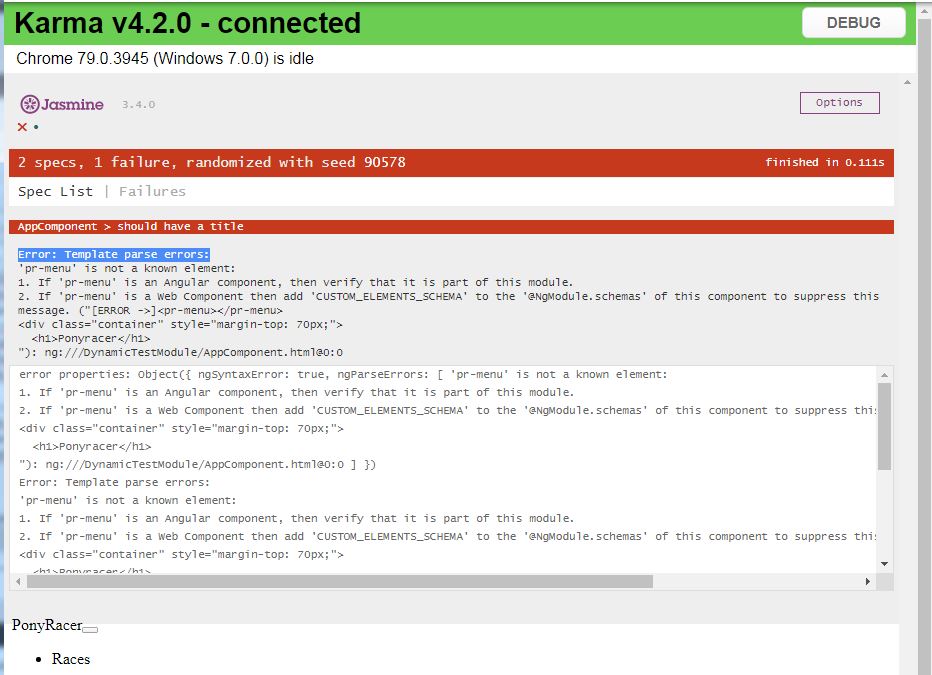Karma jasmine Error Template parse errors Angular