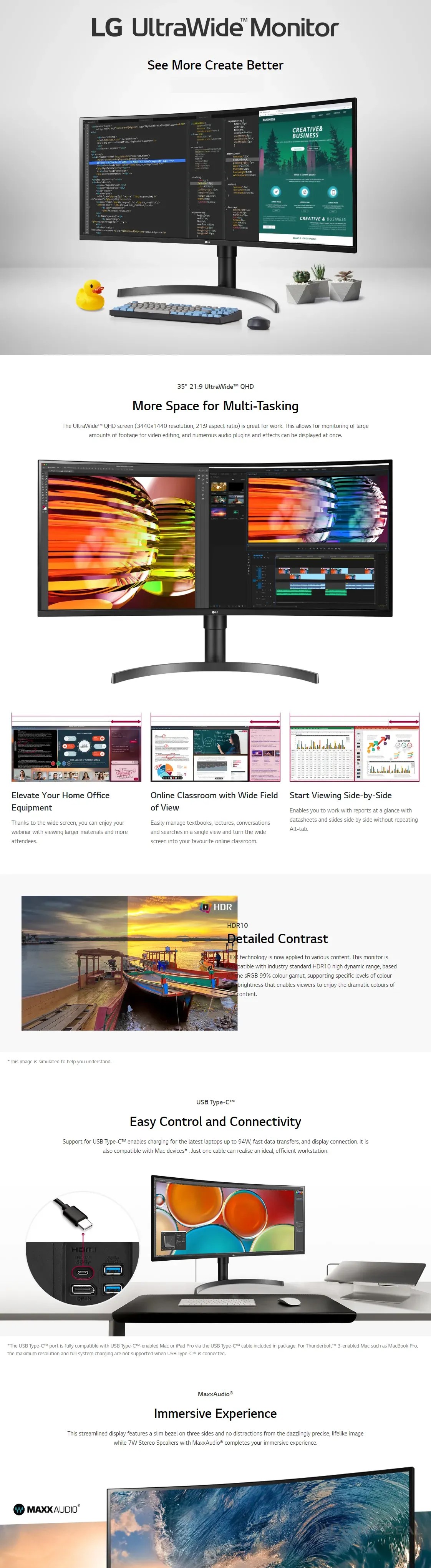 LG 35WN75C-B 35" (16:9) CURVE QHD LED MONITOR, HDMI(2), DP, USB-C, USB