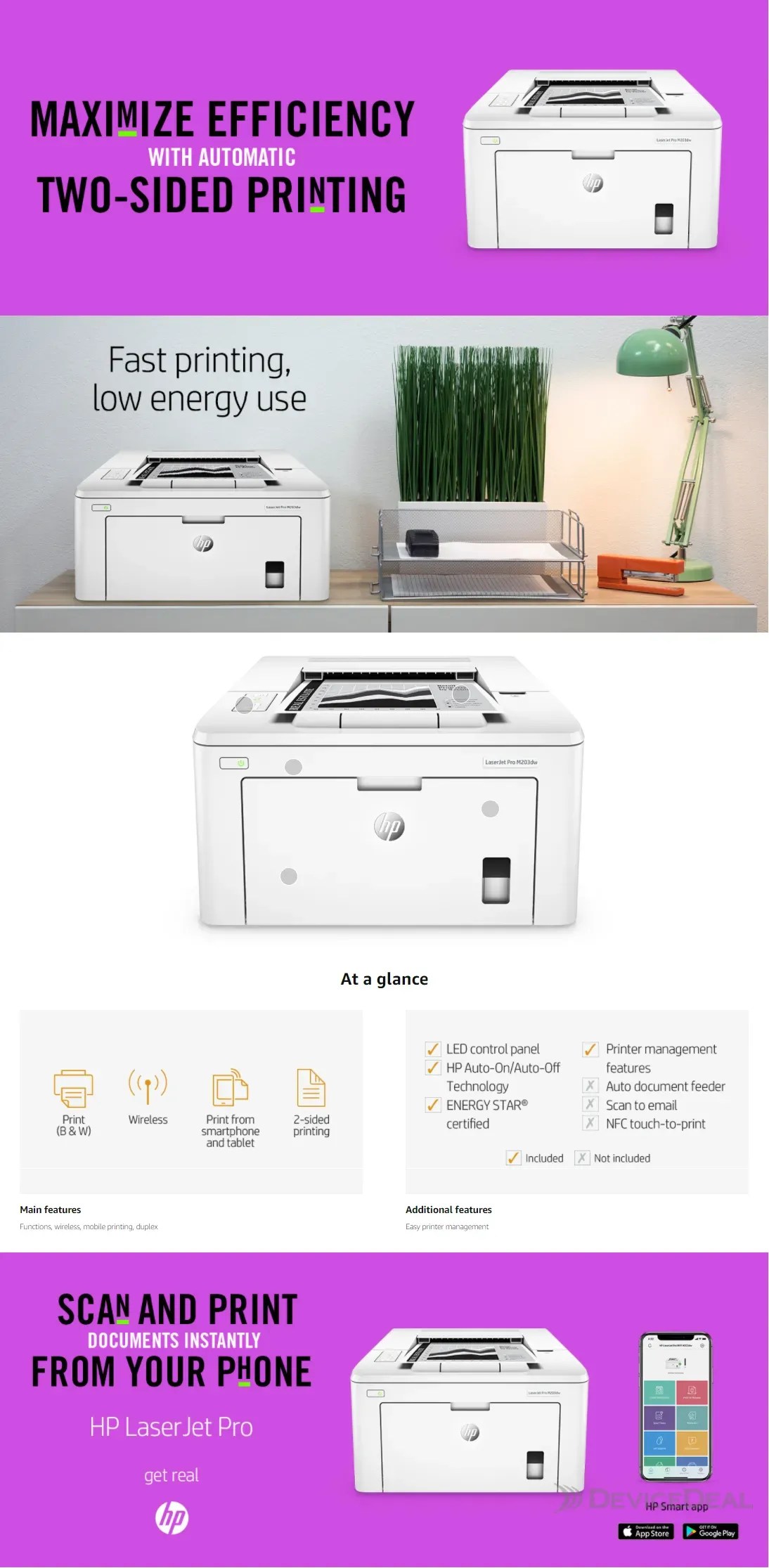 HP LaserJet Pro M203dw Monochrome Duplex Wireless Laser Printer G3Q47A