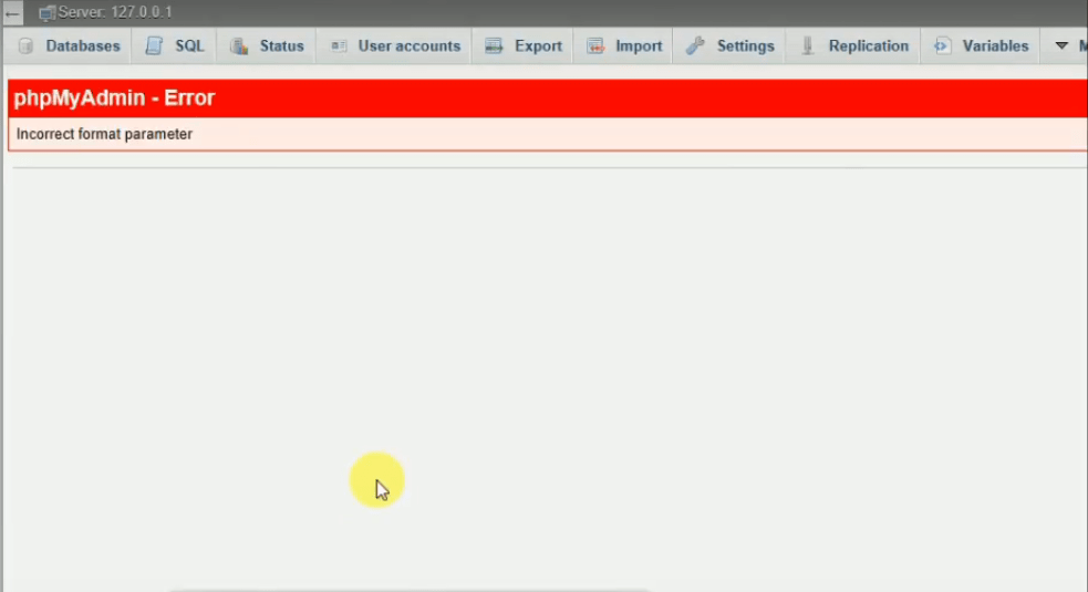 How to fix PHPMyAdmin error, incorrect format parameter that appeared
