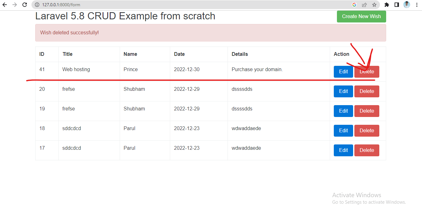 In Laravel crud, when you're deleting data from the table, it shows