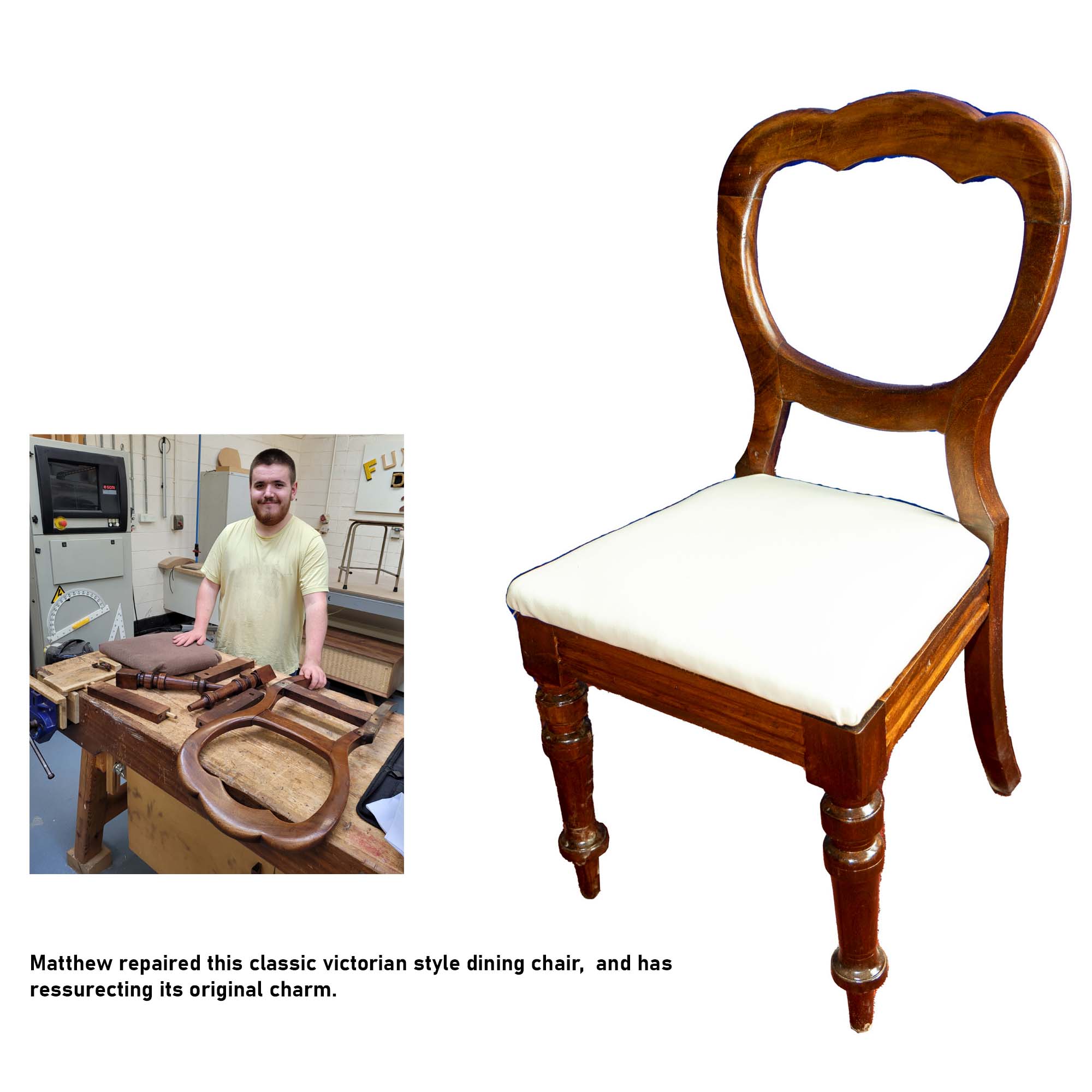 Furniture Design students showcase their restoration pieces. Dun