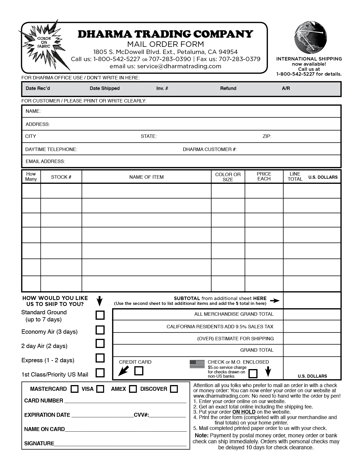 Dharma Trading Order Form for Mail Orders