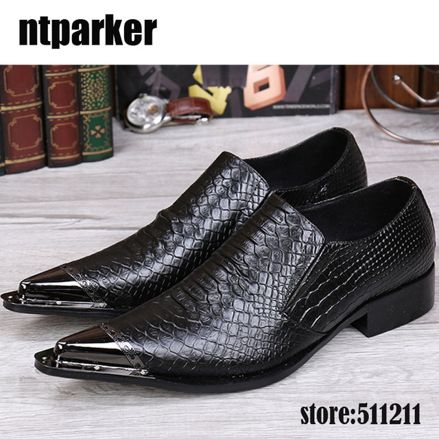 Fashion Pointed Metal Toe Mens Shoes Black Leather Dress Shoes Wedding