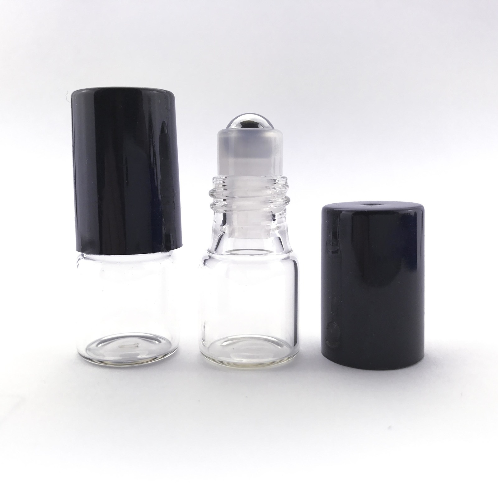 2ml (Thin Glass) Clear Roller Bottle, Steel Ball, Black Lid