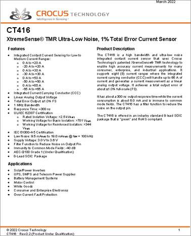 CT416-HSN830MR datasheet - Crocus Technology 0A to 65A Integrated