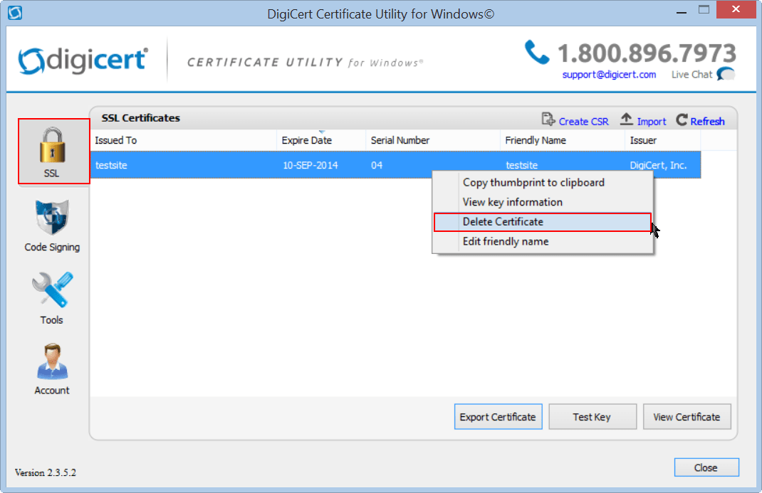 Delete Certificate with the DigiCert Utility