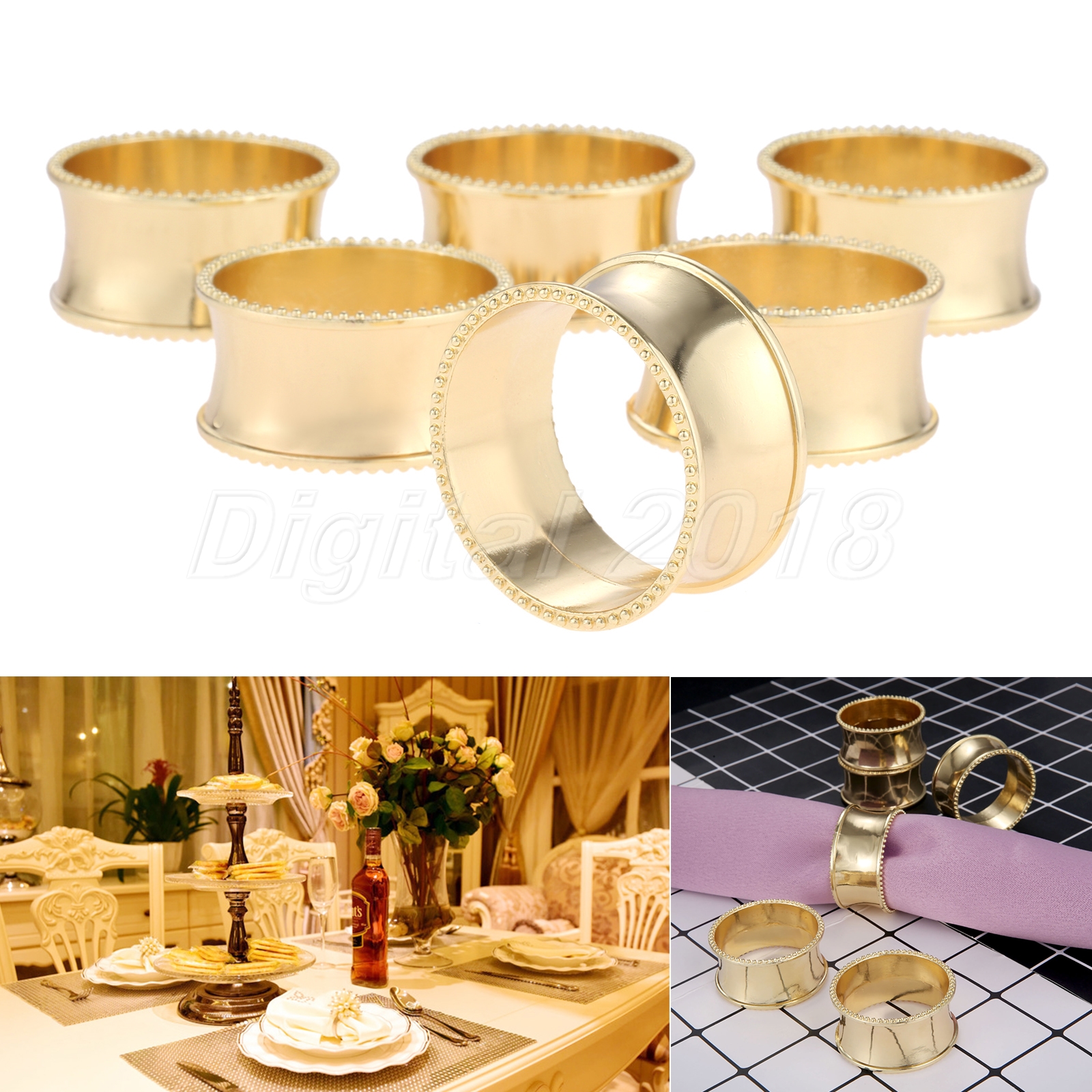 6pcs Elegant Gold Napkin Rings Serviette Holder Buckle Wedding Party