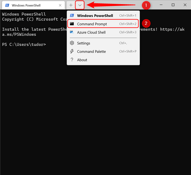 How to switch between CMD and PowerShell in Windows Terminal