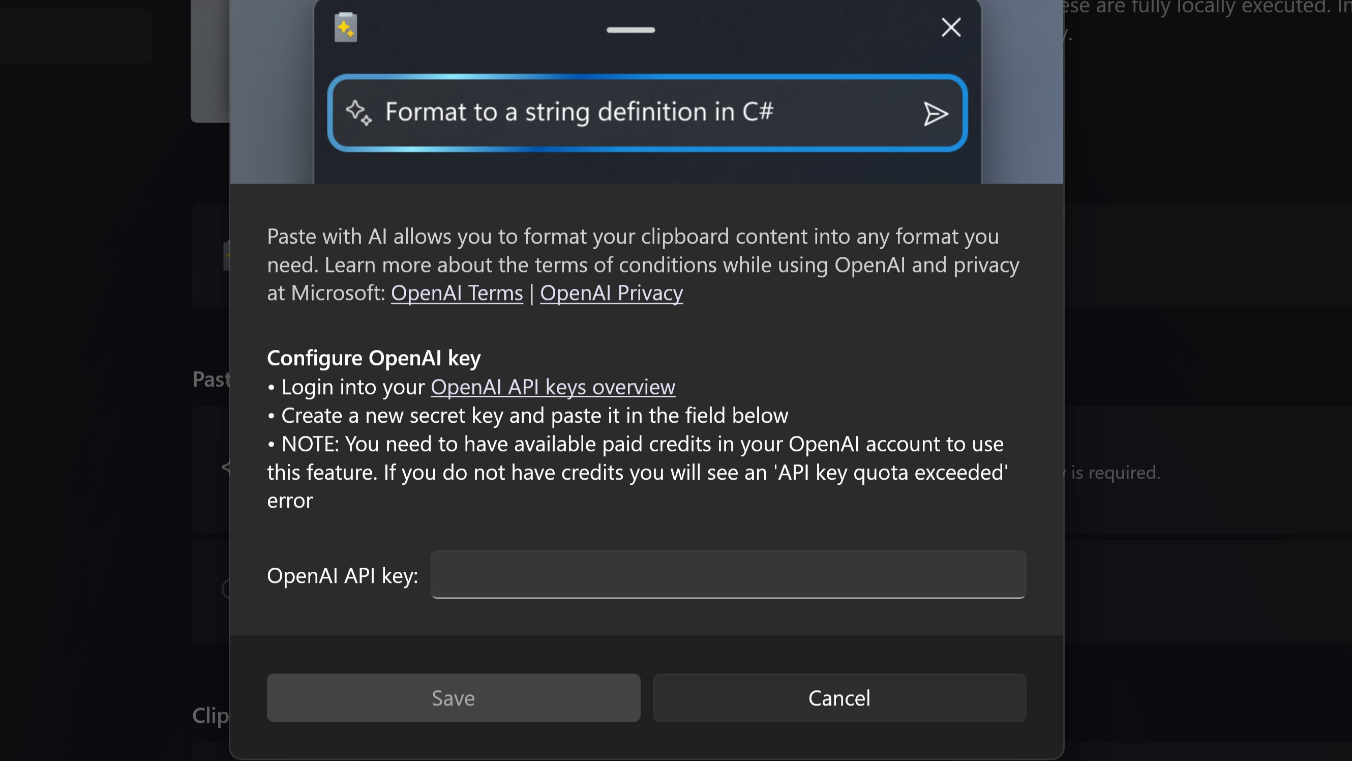PowerToys Advanced Paste asking for OpenAI API key to function.