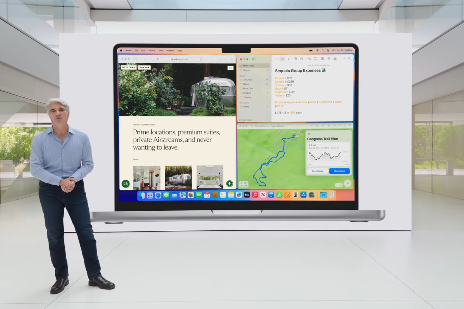 Apple&rsquo;s Craig Federighi introducing the new window tiling feature in macOS Sequoia at the Worldwide Developers Conference (WWDC) 2024.