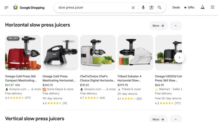 Google Shopping results showing slow press juicers.