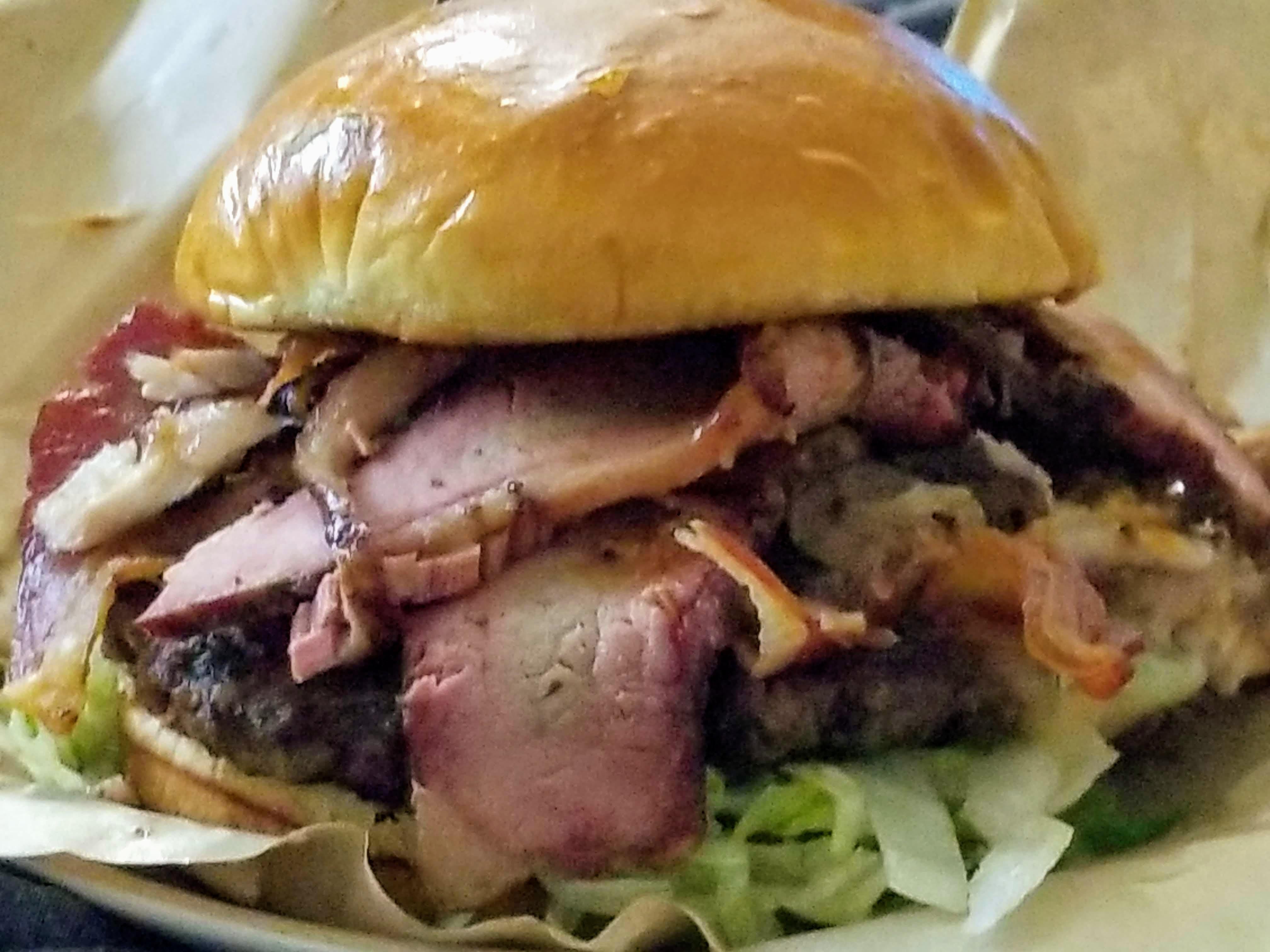 The Boss Burger from Chili's Stuffed with bacon, sausage, pulled rib