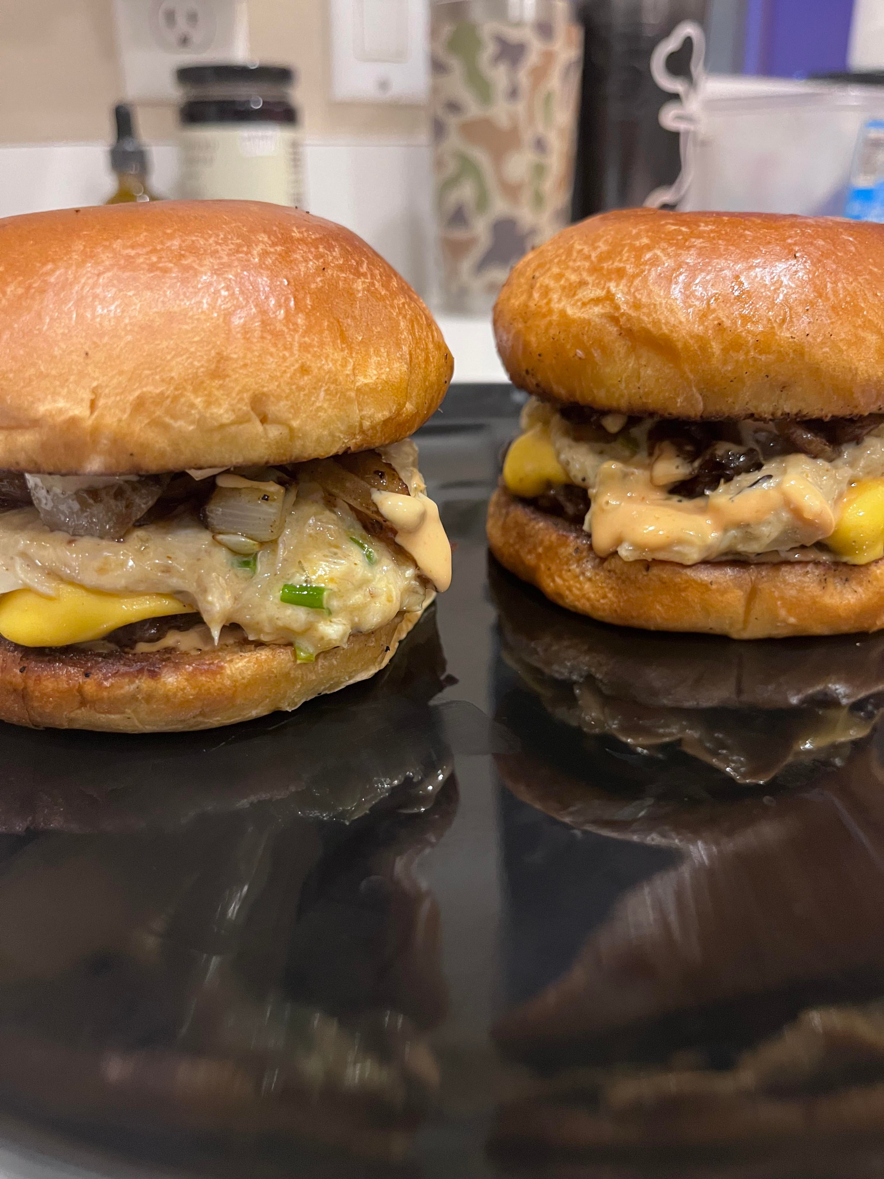 Homemade burgers w/ American cheese, homemade cheesy crabmeat spread