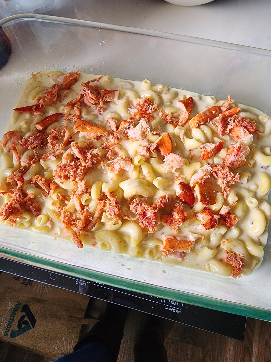 Lobster Mac with smoked gouda and gruyere + aged parm breadcrumbs w