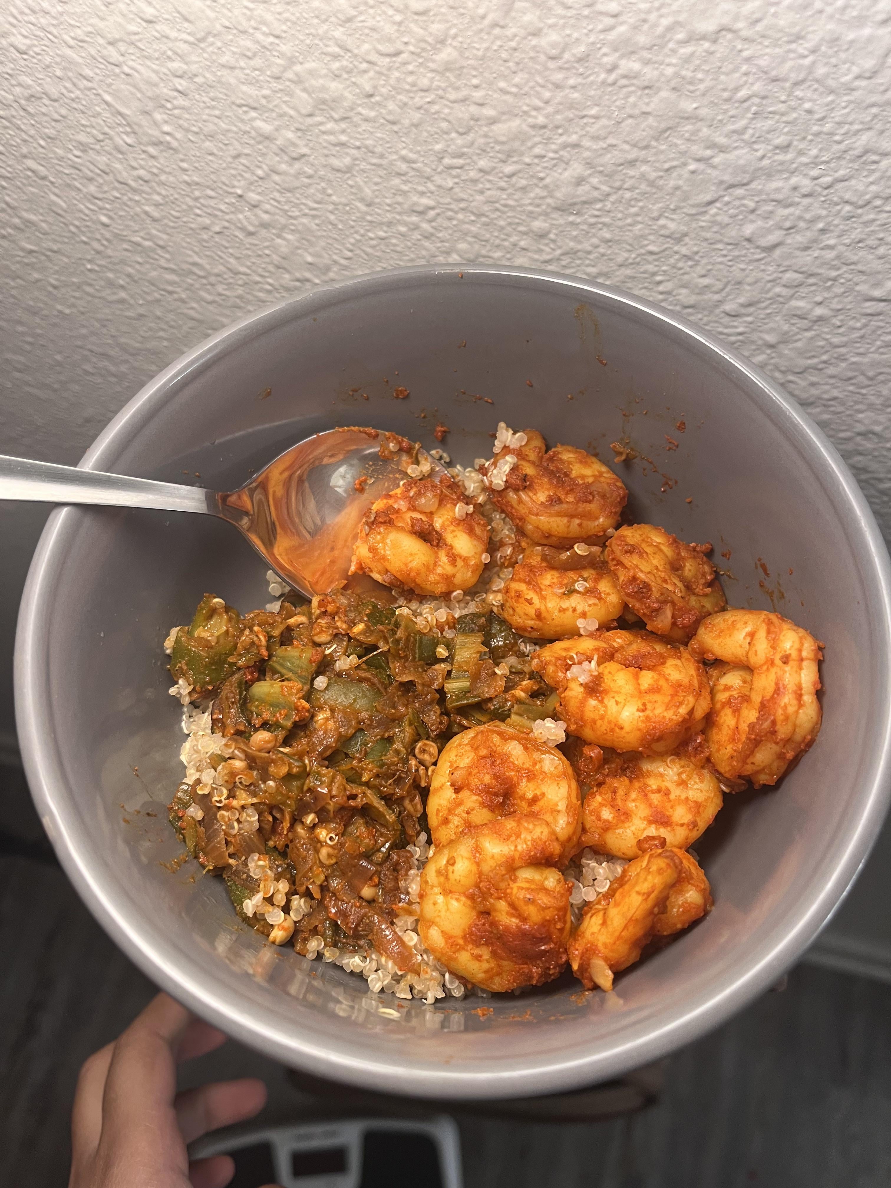 233 calories shrimp okra quinoa bowl Dining and Cooking