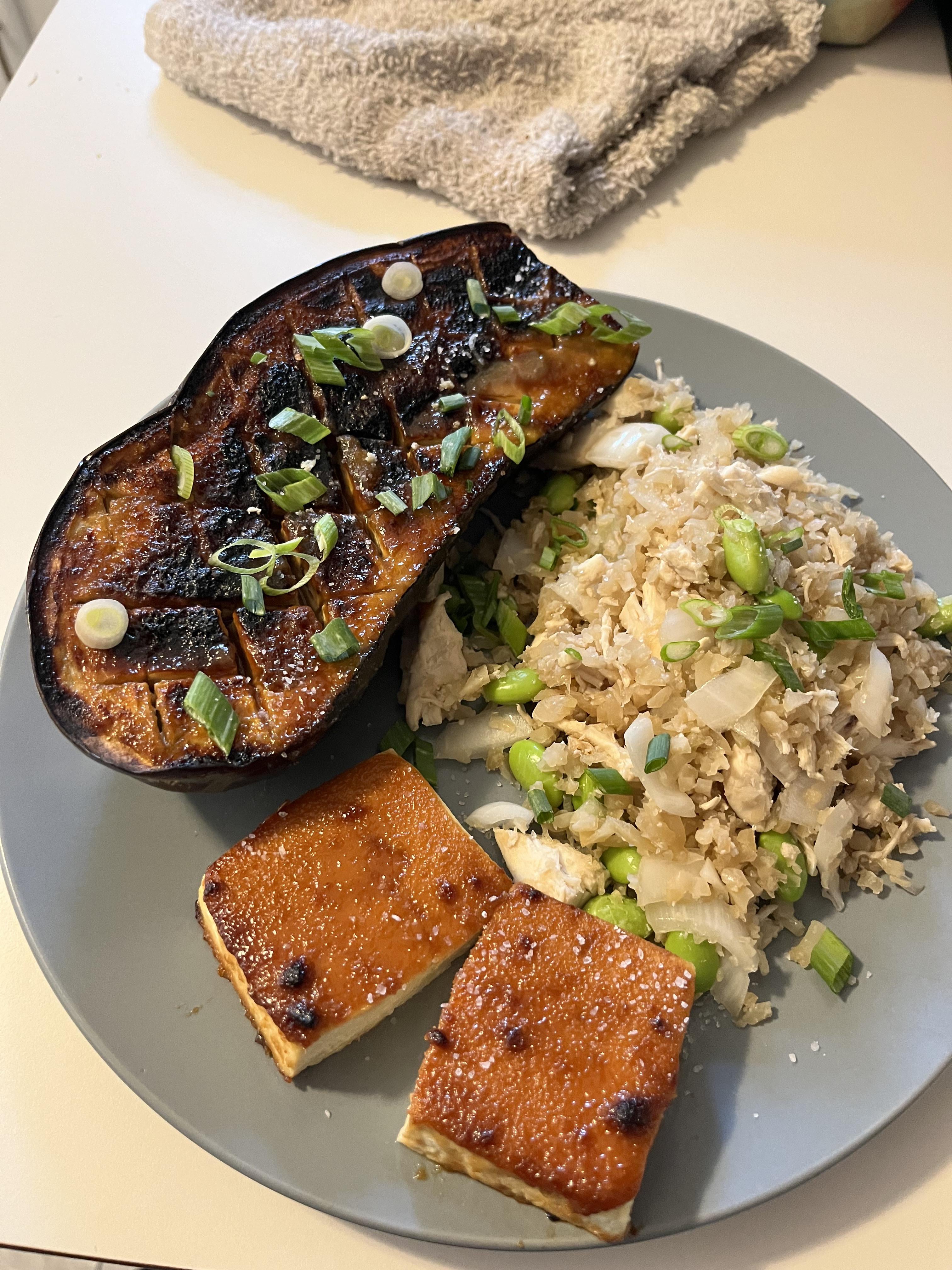 Miso eggplant & tofu with chicken fried cauliflower rice (373 calories