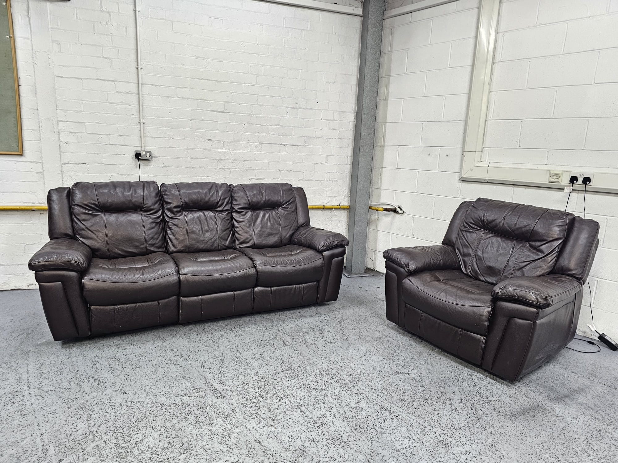 Dfs Dark Brown Leather 3 and 1 Seater Recliner Sofa and Chair