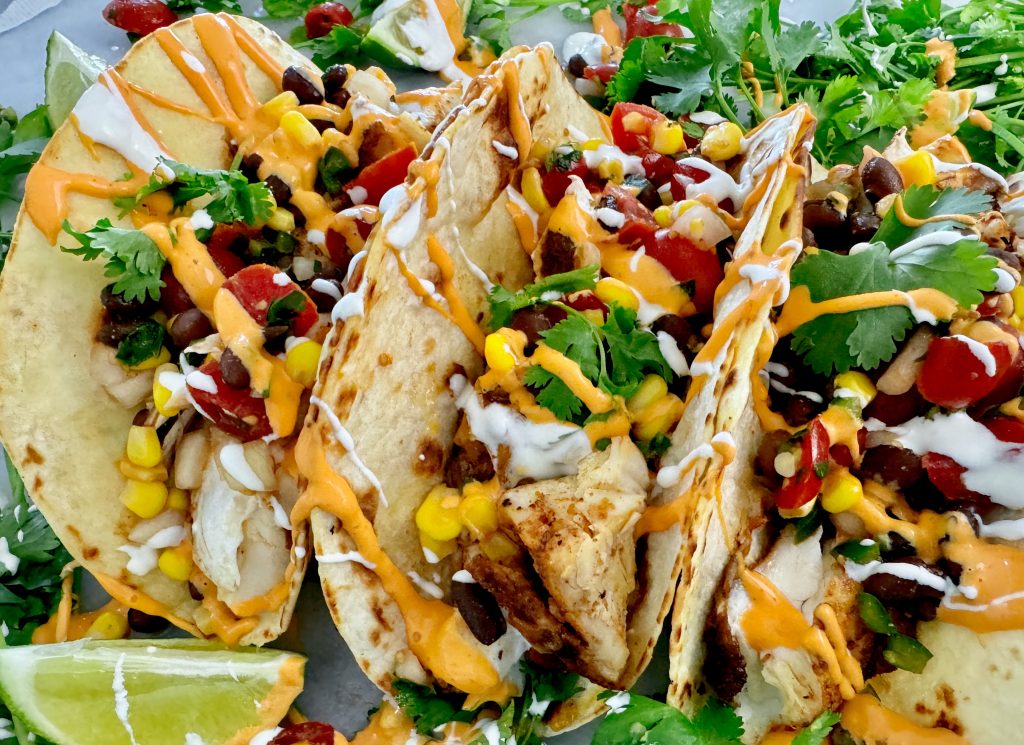 RAGIN’ CAJUN STRIPED BASS TACOS WITH BLACK BEAN AND CORN SALSA Dish