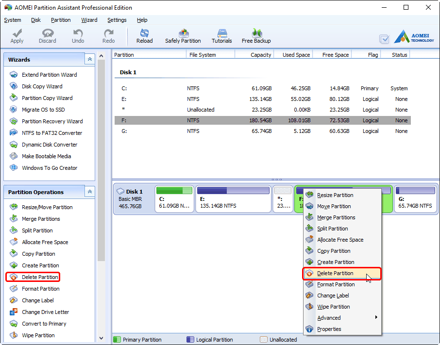 Delete or Remove Windows Partition, Make Use of Free Space AOMEI