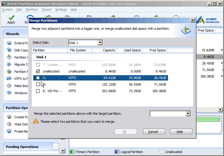 Add Unallocated Space before C Drive to Any Partition on the Hard Drive