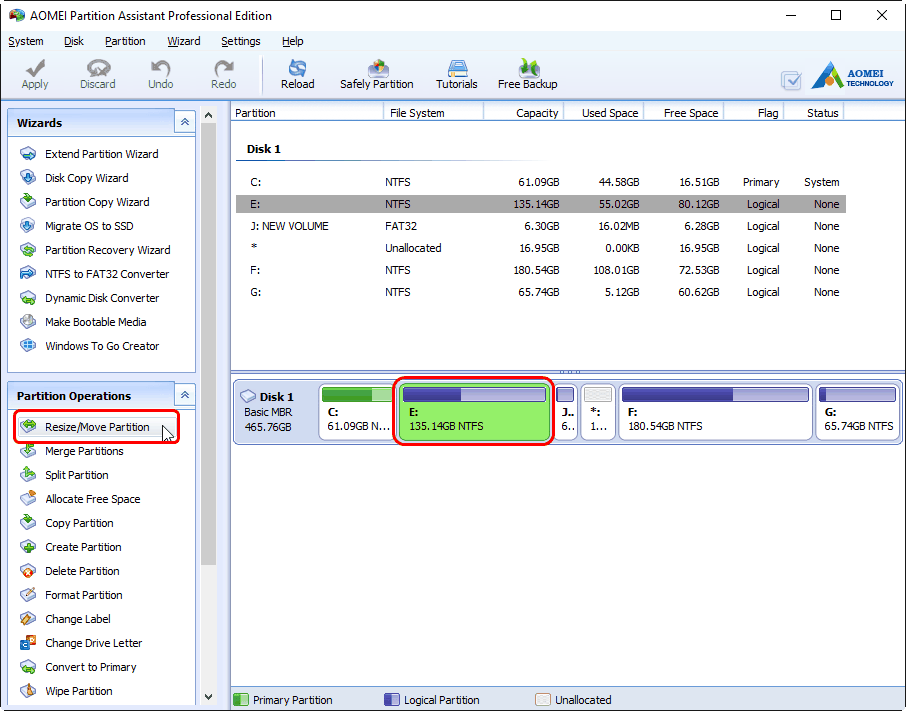 Windows Disk Partition Utility for Creating New Partition AOMEI