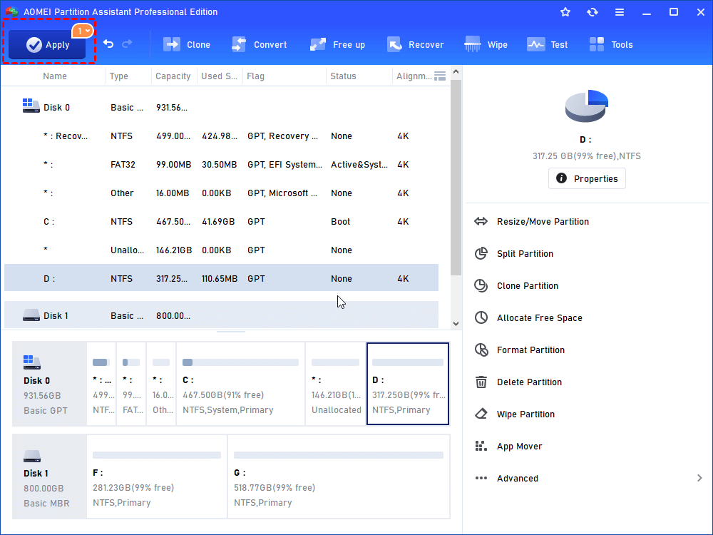 Resize GPT Disk Partition by Newly AOMEI Partition Assistant