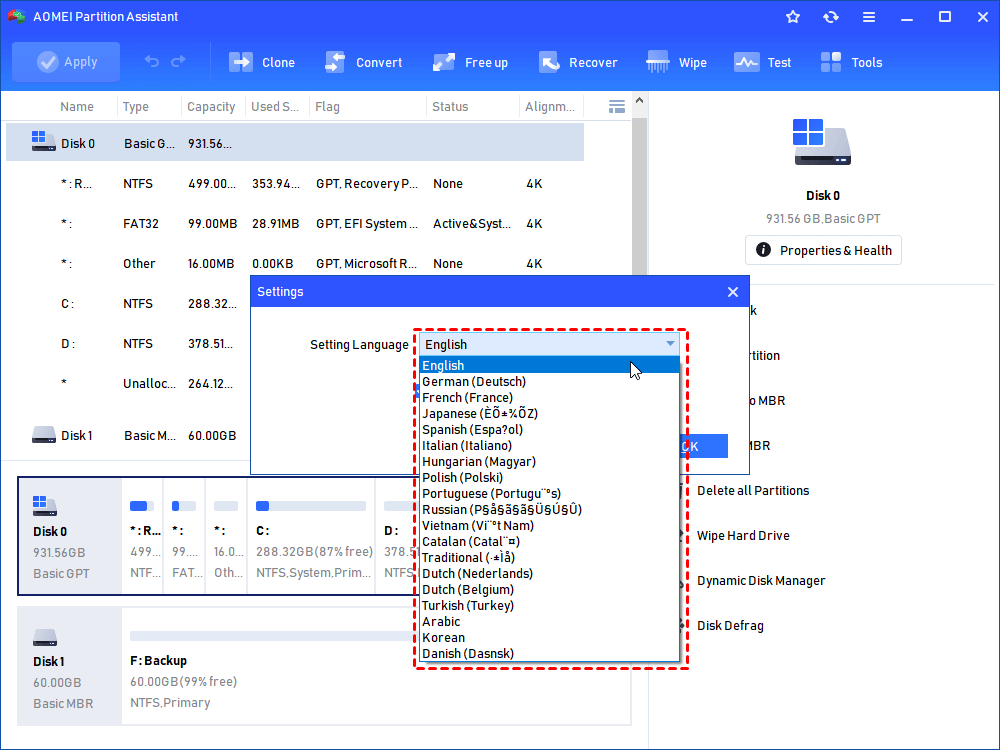 How to change language in AOMEI Partition Assistant?