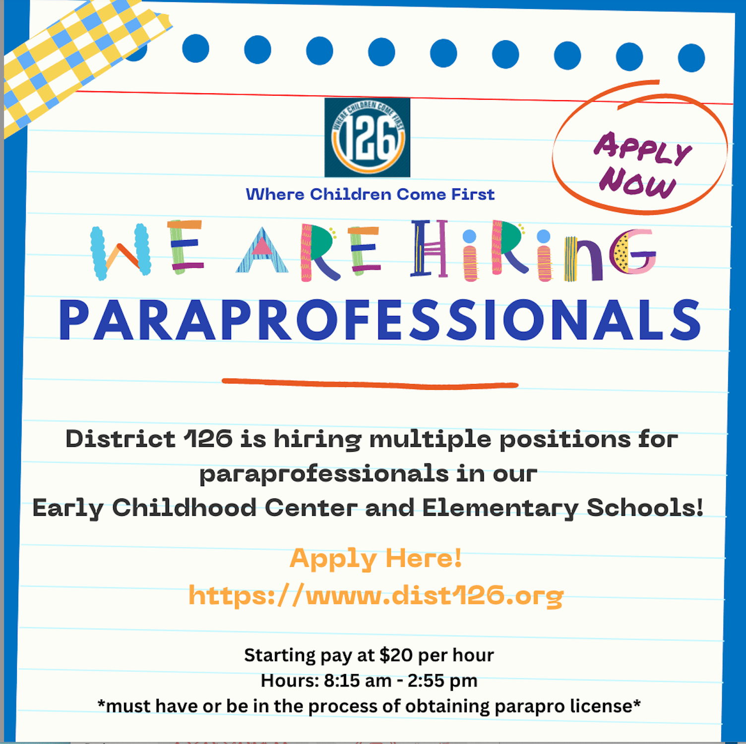 We are Hiring Paraprofessionals AlsipHazelgreenOakLawn School District 126