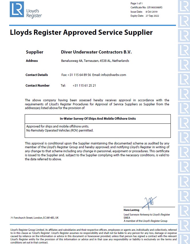 Classifications Diver Underwater Contractors (D.U.C.) B.V.