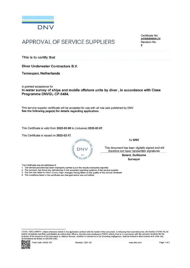 Classifications Diver Underwater Contractors (D.U.C.) B.V.