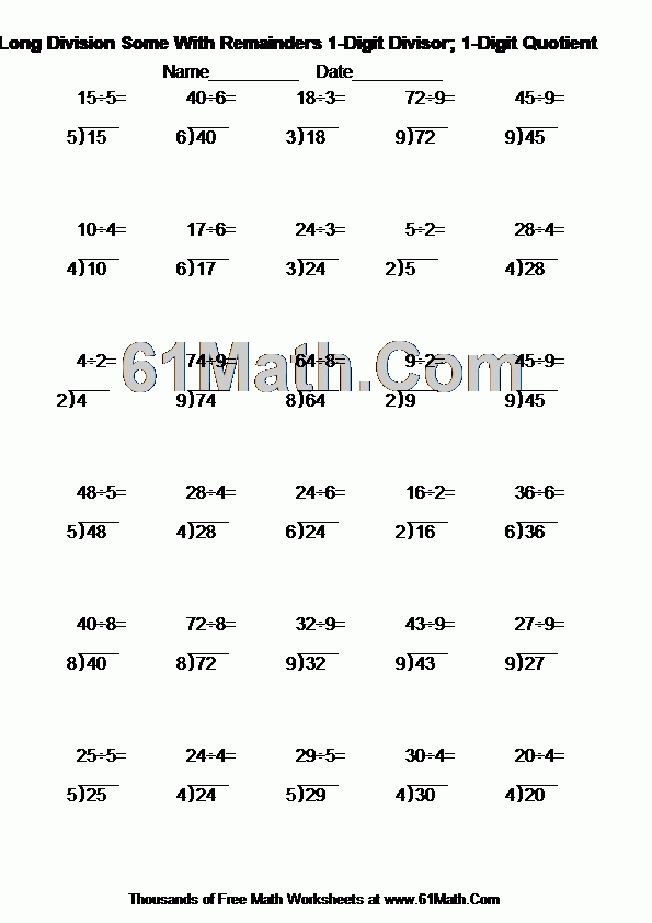 Division With Single Digit Divisor Worksheet