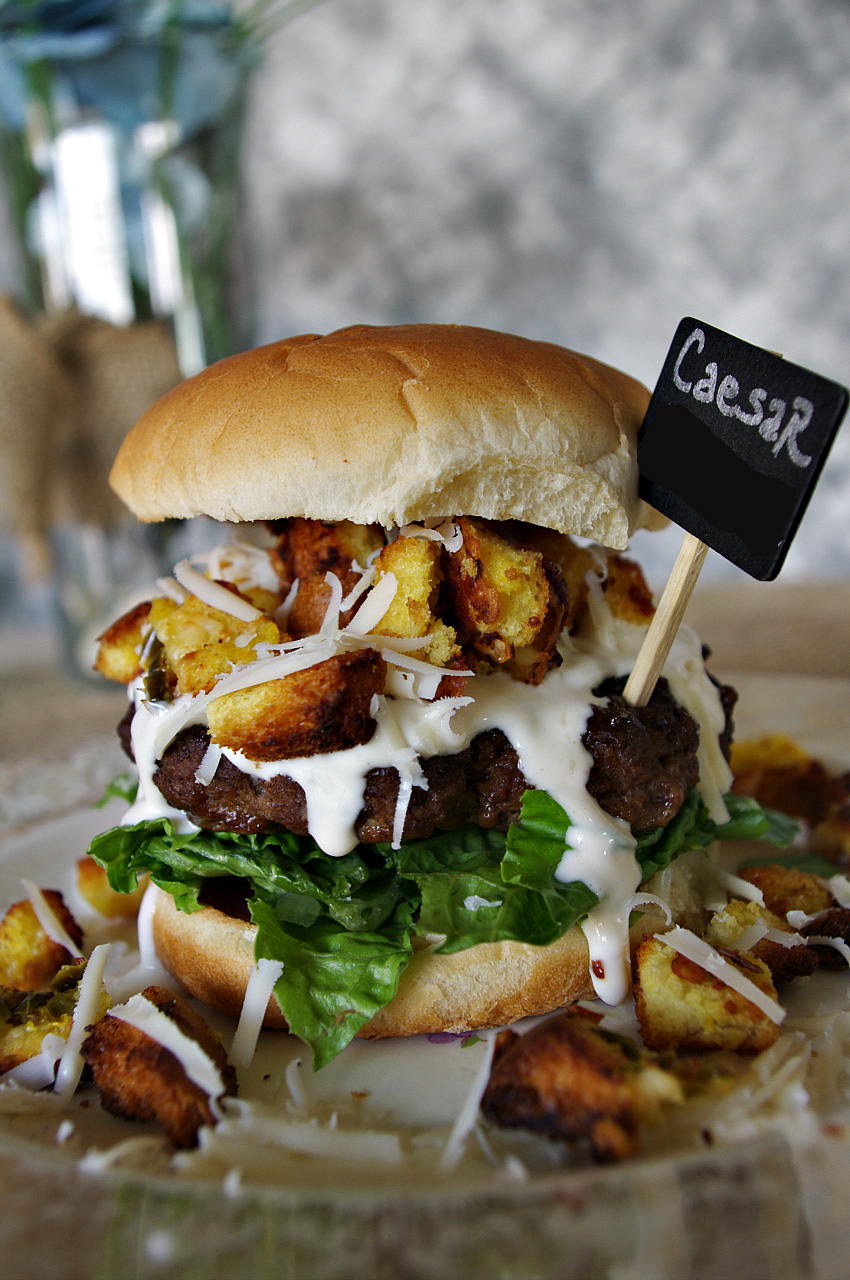 Caesar Salad Burger with Jalapeno Parmesan Croutons Dixie Chik Cooks