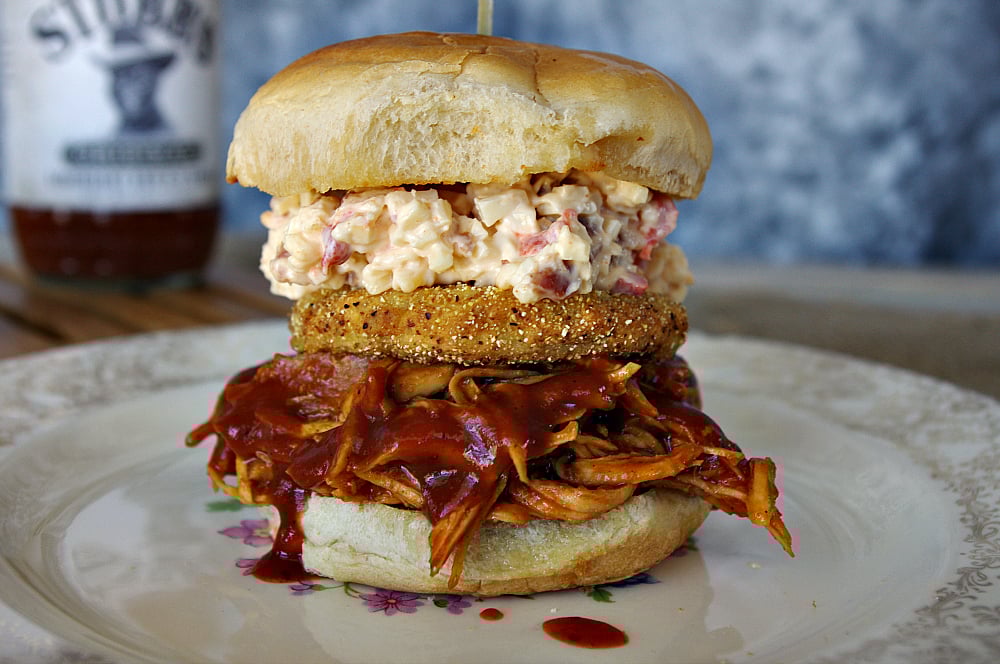 BBQ Chicken Sandwich with Fried Green Tomato and Bacon Pimento Cheese