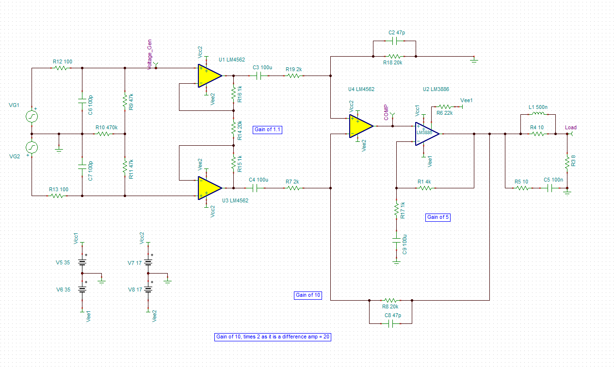 Composite amplifier with balanced inputs LM3886 TINATI simulation