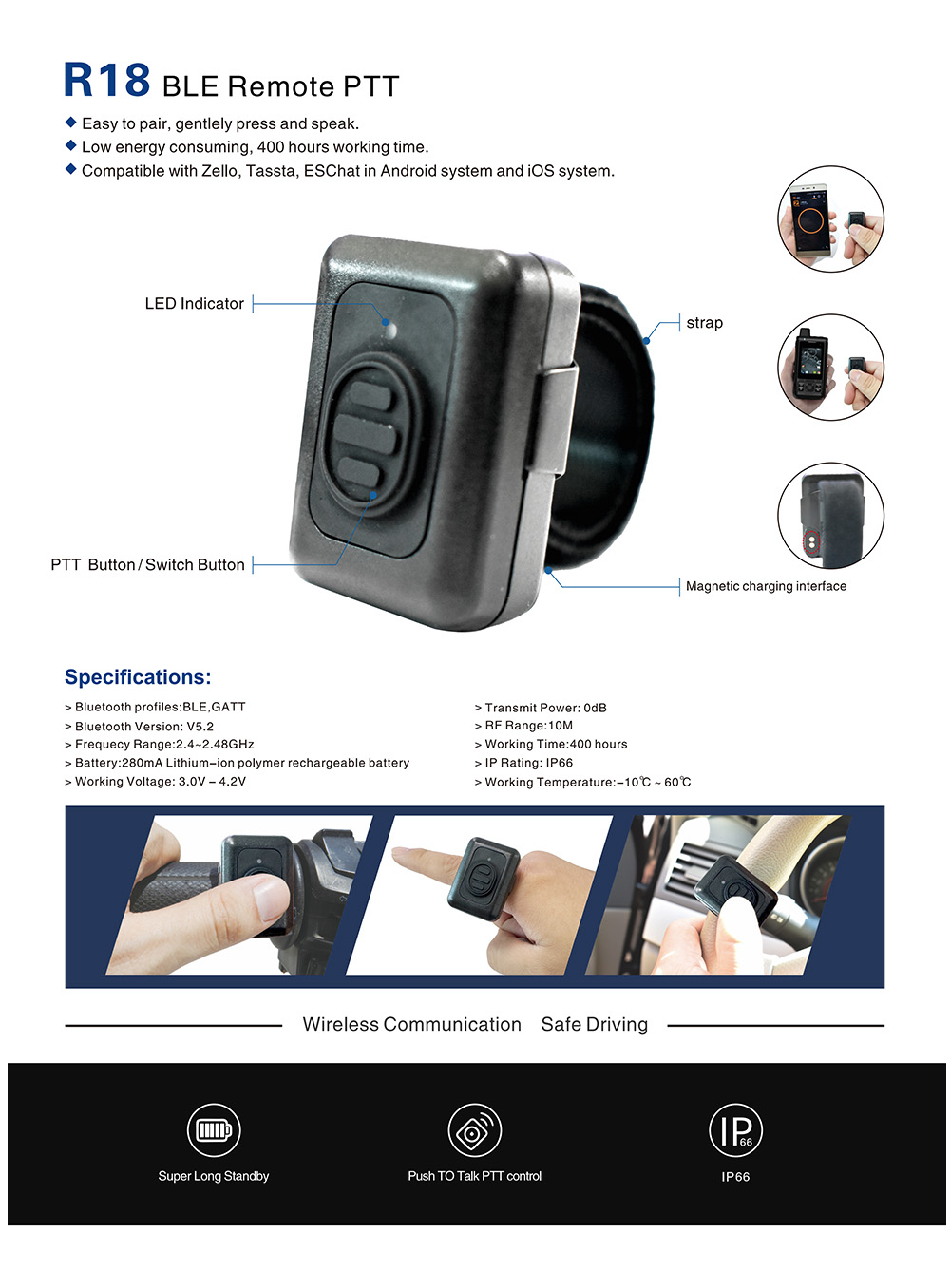 R18 BLE Remote PTT,Bluetooth accessories for twoway radios and poc