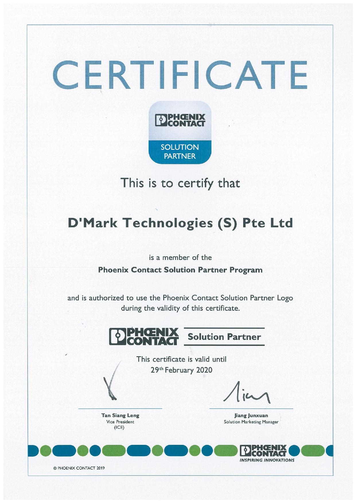 Phoenix Contact Solution Partner Certificate D'Mark Technologies (S