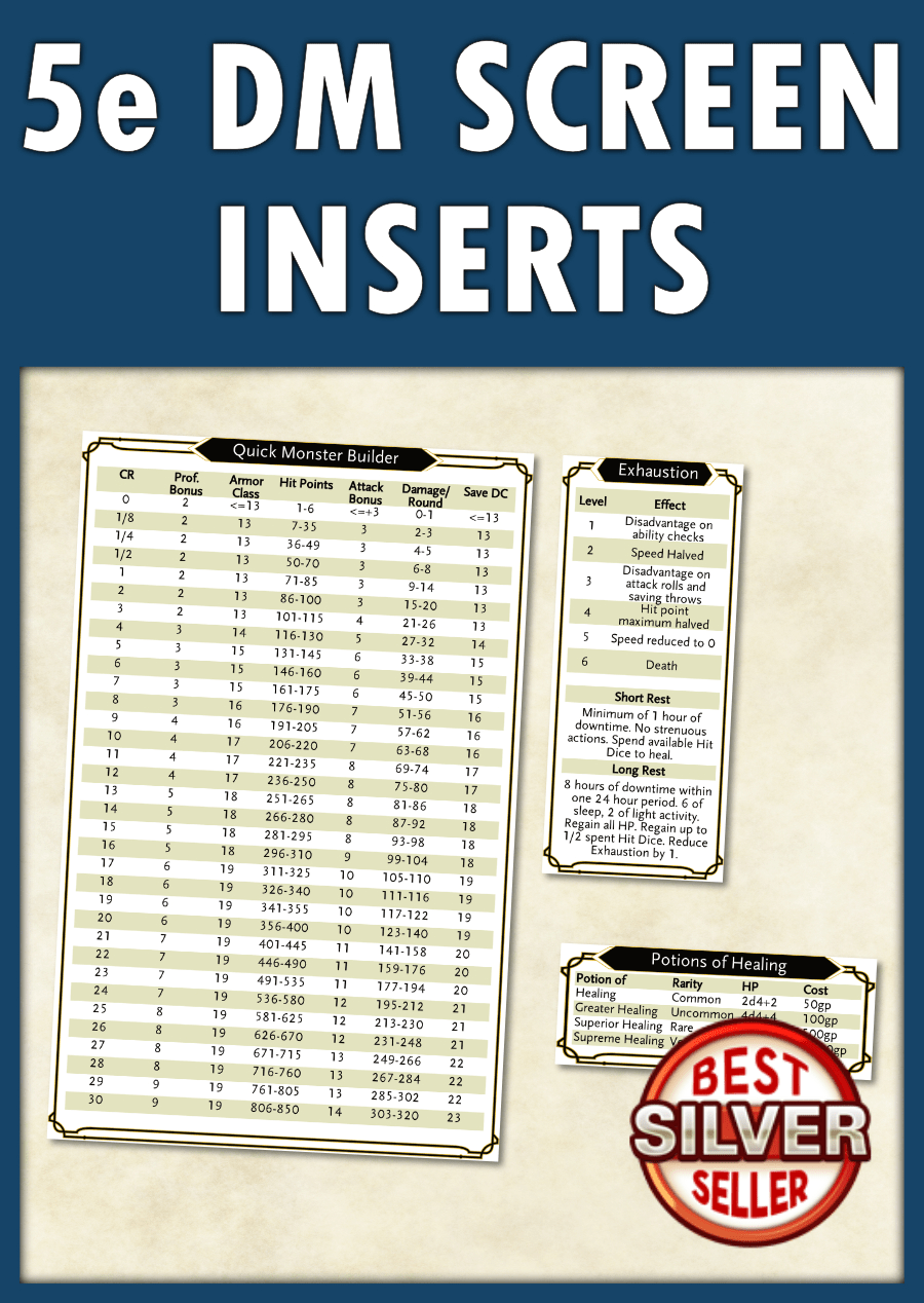 5e DM Screen Inserts - Icarus Games | Dungeon Masters Guild