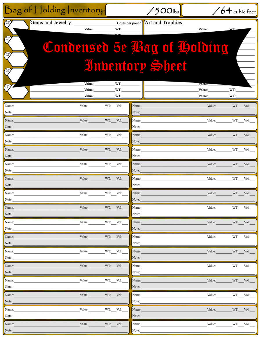 Condensed 5e Bag of Holding Inventory Sheet Dungeon Masters Guild