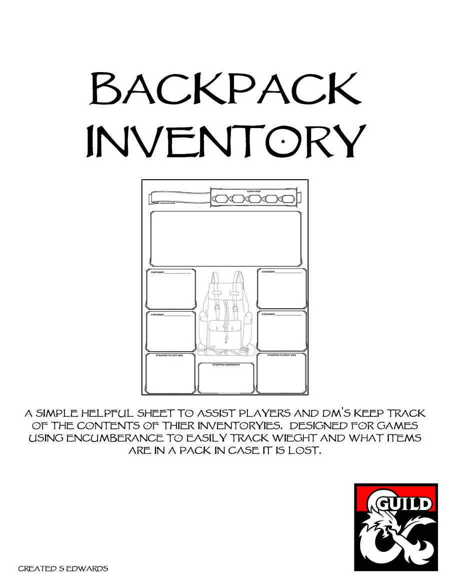 Backpack Inventory Sheet Dungeon Masters Guild Dungeon Masters Guild
