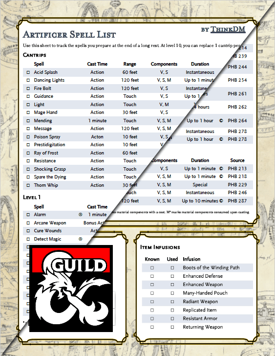 Artificer Spell and Infusion List Dungeon Masters Guild Dungeon