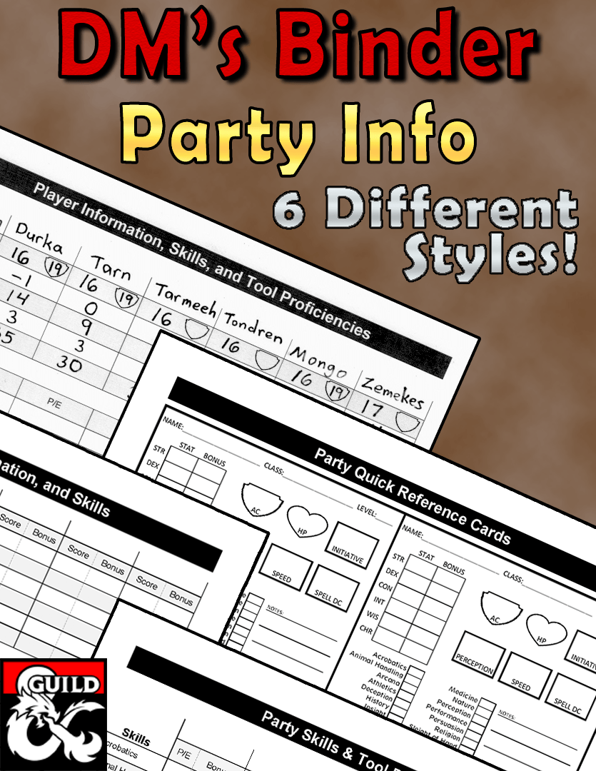 DM's Binder Party Information & Quick Reference Sheets Dungeon