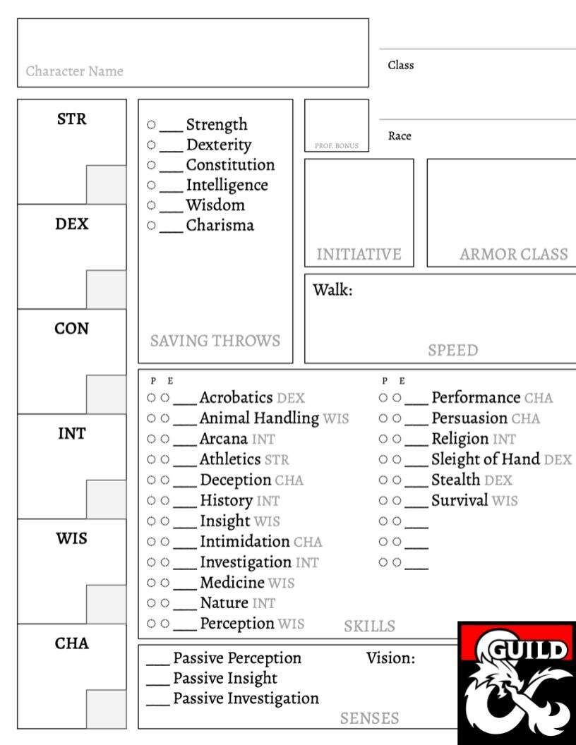 D&D 5e Character Sheet (Landscape & Printable Format) - Dungeon Masters