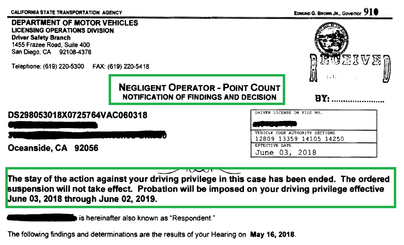 License Suspension for Negligent Operator reversed at the Poway Driver