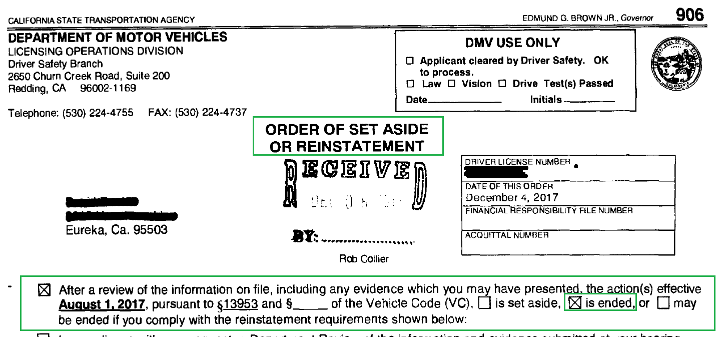 DMV Win at a Lapse of Consciousness Hearing at the Redding DSO