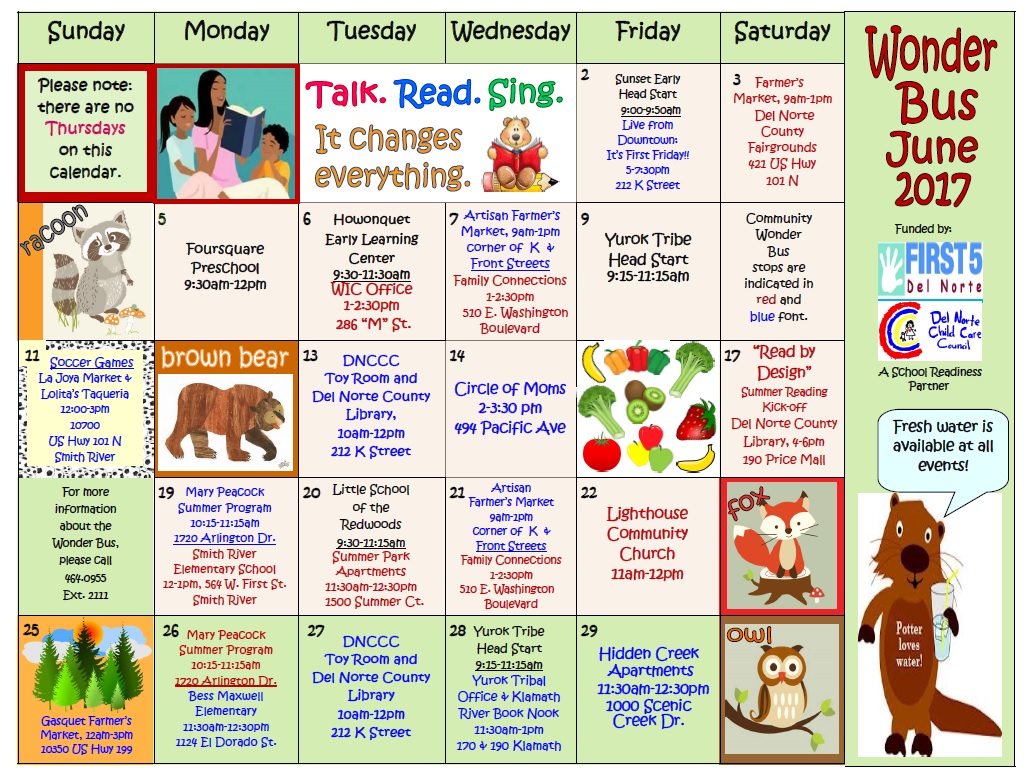 Wonder Bus Calendar for June 2017 Del Norte Child Care