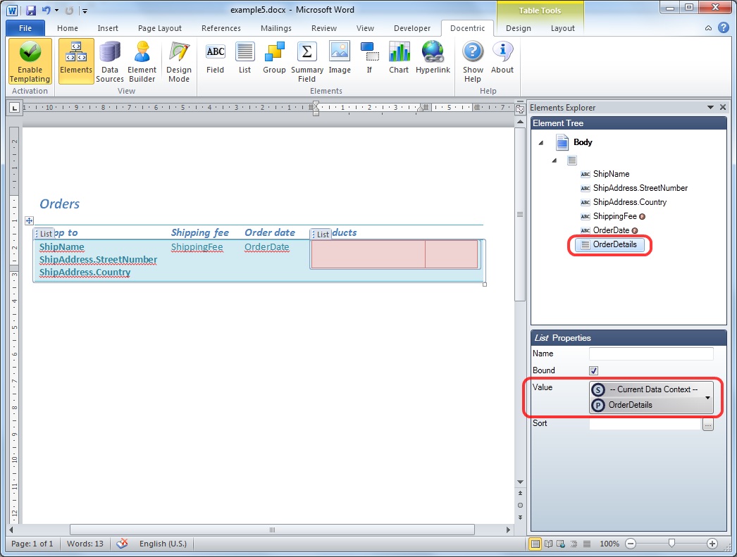 Example Nested tables
