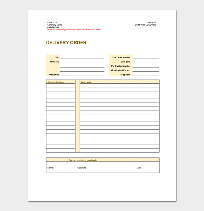 Delivery Order Template 6+ Forms for Word, Excel & PDF Format